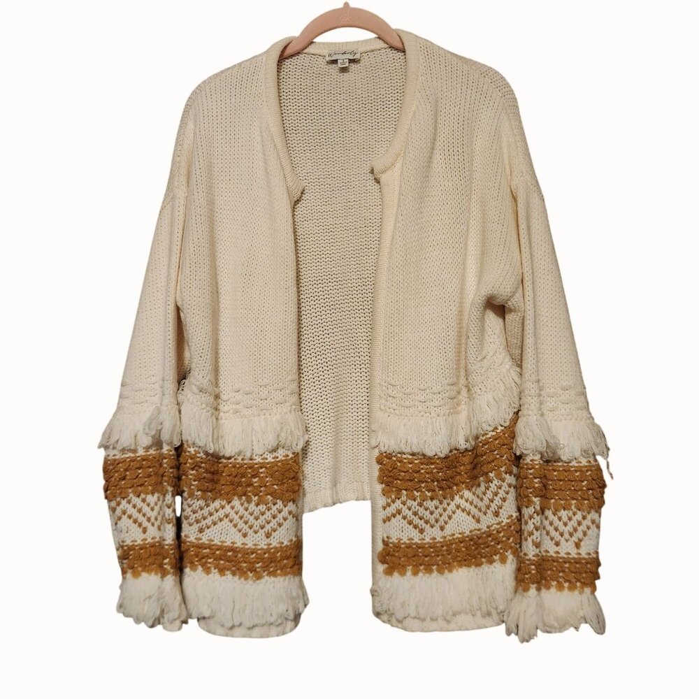 Open Front Knit Cardigan with Fringe Accents & Boho Patterned Sleeves - Small